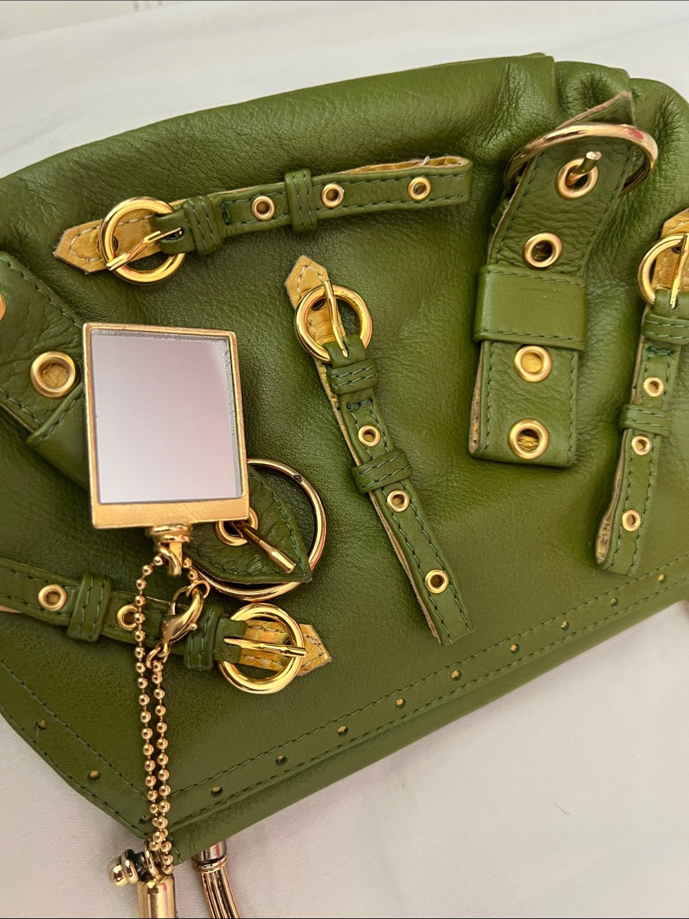 Olive Green Mini Leather Bag with Gold Accents - Picture 5 of 10